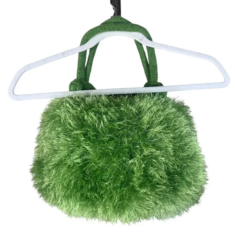 Vintage Y2K Eyelash Mini Bucket Bag Wool Handbag Fuzzy Lime Green Butterfly - Picture 3 of 8